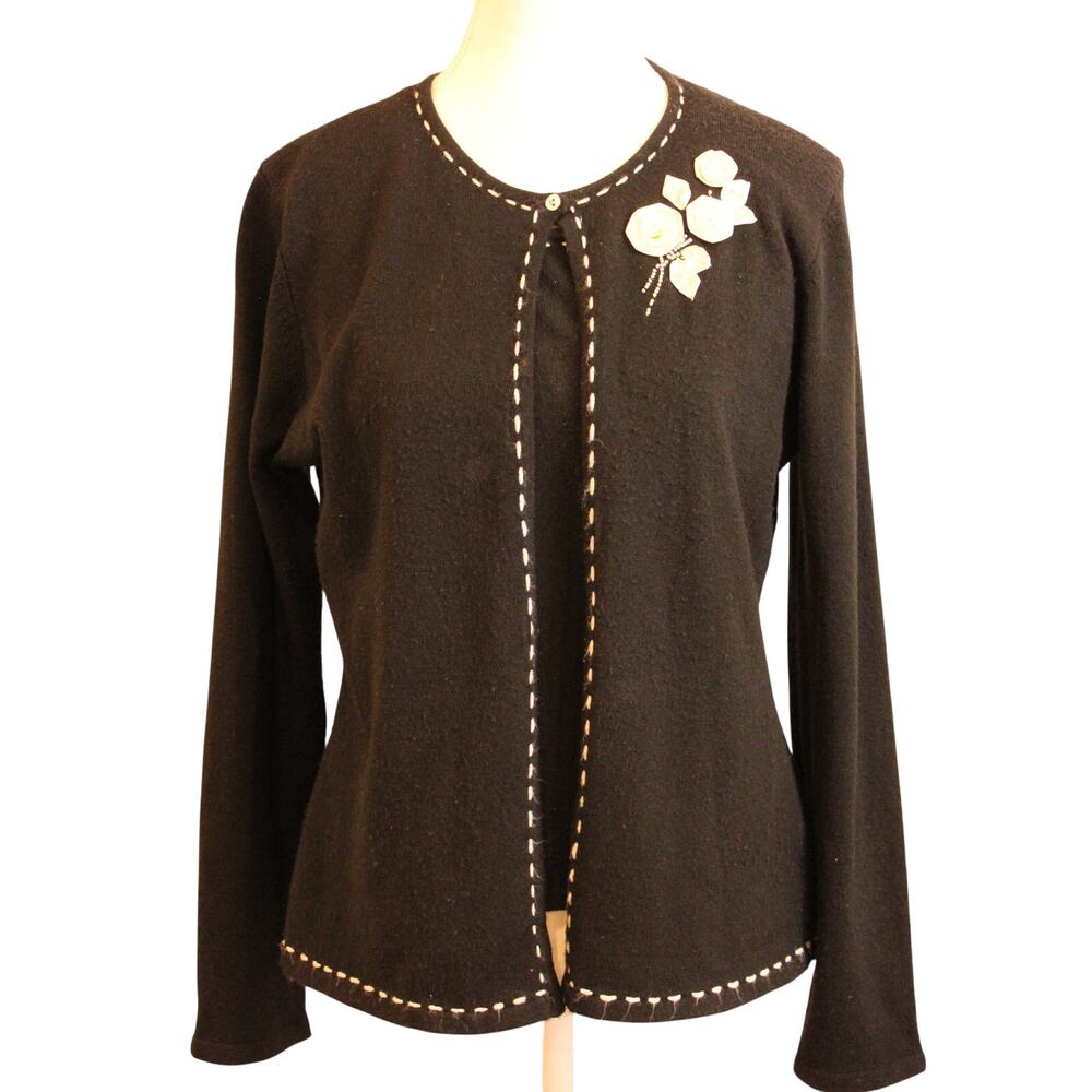 Debbie Morgan Women’s Cardigan Medium Floral Embelishment black white stitching